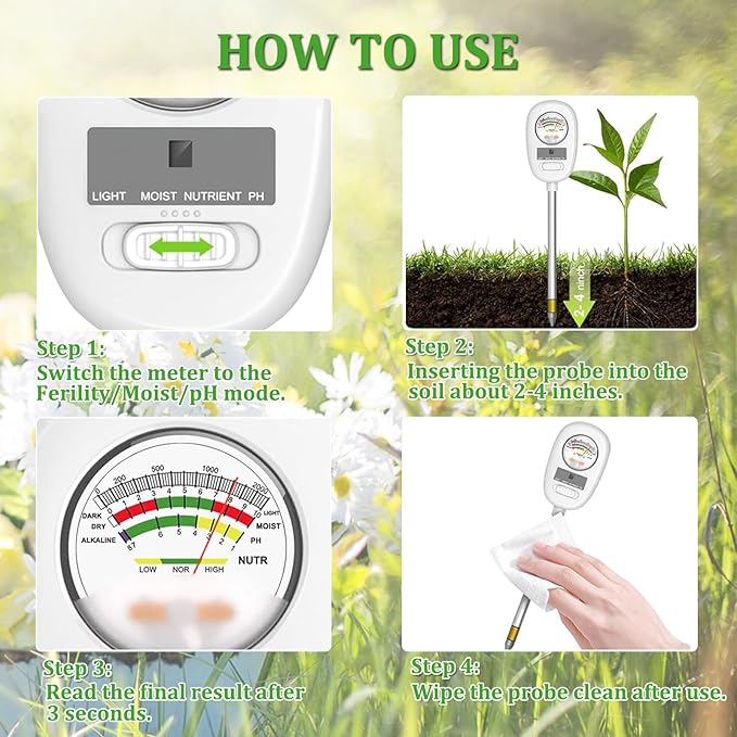 [Newest] Soil Meter, 4-in-1 Soil Moisture Meter, Digital Soil Test with pH, Moisture, Light and Nutrient for Gardening, Lawn, Farming, Outdoor& Indoor Plants