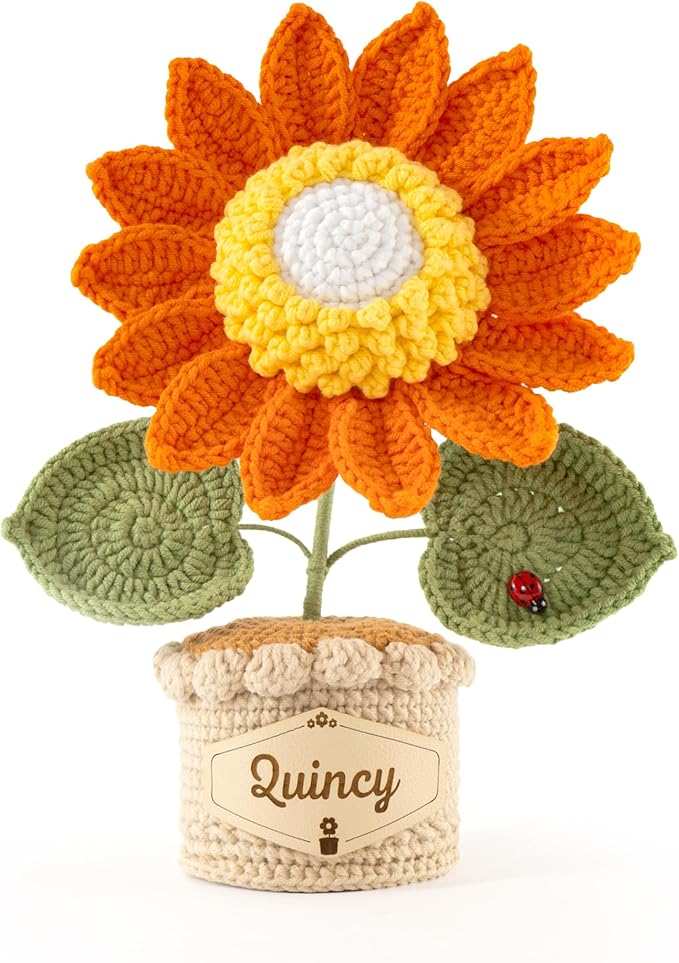 Crochet Flowers with Personalized Leather Name Tag Handmade Knitted Flowers for Home Office Desk Decor Crochet Sunflower Potted Plant for Women,Mother,Teachers, Birthday Crochet Gifts(Orange)