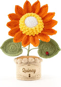 Crochet Flowers with Personalized Leather Name Tag Handmade Knitted Flowers for Home Office Desk Decor Crochet Sunflower Potted Plant for Women,Mother,Teachers, Birthday Crochet Gifts(Orange)