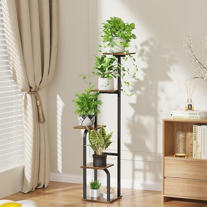 Asgolion 5 Tier Plant Stand Indoor, Plant Shelf for Multiple Plants, Flower Pot Holder Shelf, Planter Display Rack for Patio Garden Balcony Living Room Bedroom Decor, Rustic Brown