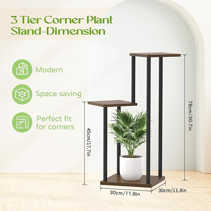 Oppro 3 Tier Plant Stand Indoor Outdoor, Wood Metal Flower Shelf Pot Holder Clearance, Tall Multiple Plants Corner Rack Aesthetic Organizer for Patio Orchid Office Porch Living Room Garden, Black Oak