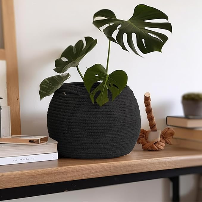 MEGASKET Black Woven Storage Basket, 11" x 9" Indoor Plant Basket for Decor, Decorative Small Cotton Rope Bin for Organizing Pet Toy, Gifts, Towel, Cloth, Socks, Wicker Planter Holder, Modern Shoe Bin