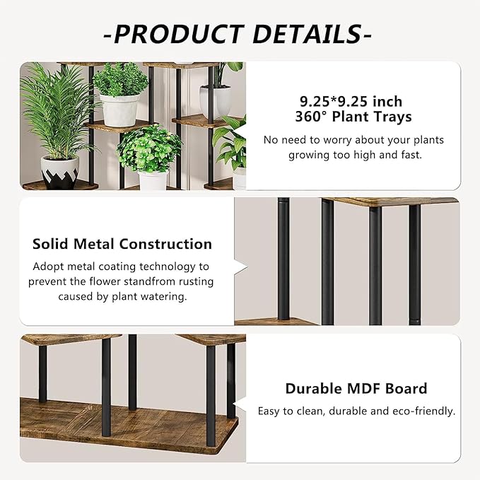 9 Tier Plant Stand Indoor, Thickened Metal Wood Corner Plant Shelf Stands for Multiple Plants, Indoor Tall Plants Stand Tiered Flower Holder for Living Room Patio Garden Balcony(Black+Brown)