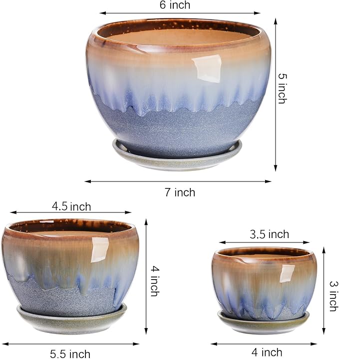 AVLA 3 Pack Ceramic Plant Pots, Gardening Drip Glazed Planters, Decorative Flower Pot with Drainage Hole and Saucer, Round Rustic Houseplant Container for Succulent Herbs Cactus Orchid, Home Office