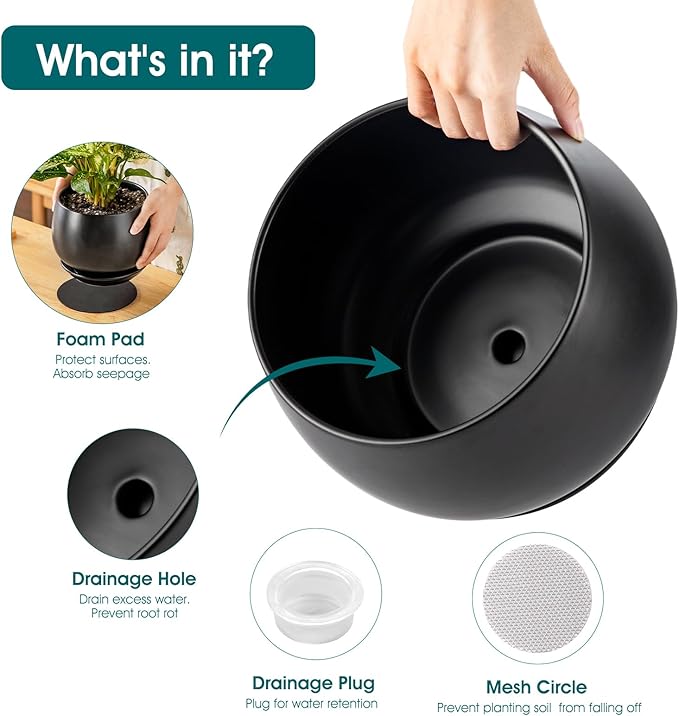 vancasso 3-Pack Ceramic Plant Pots, 7.3/9.6/11.6 Inch Indoor Planters with Saucers & Drainage Hole Planter pots for Indoor Plants and Flower, Black