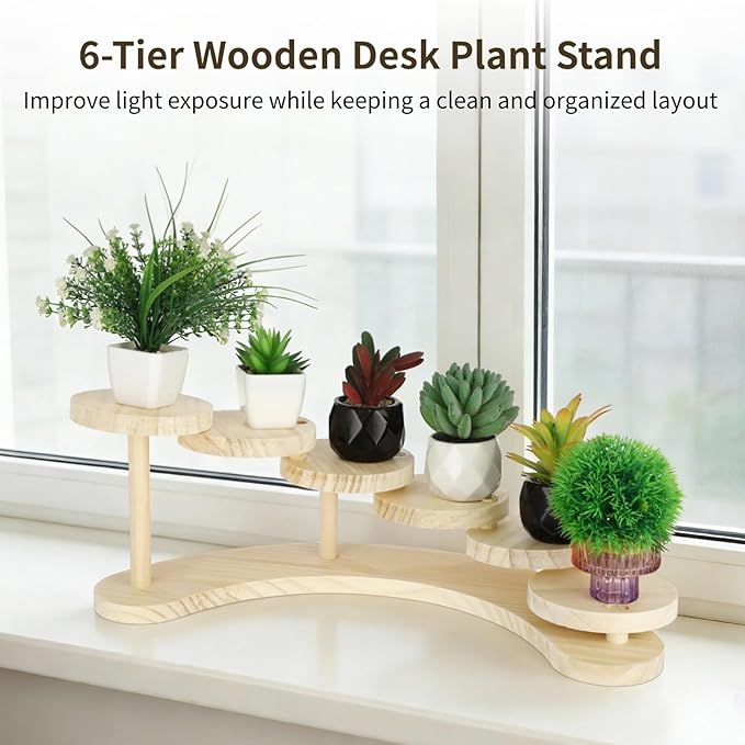 6-Tier Wooden Desk Plant Stand, Tabletop Plant Shelf with Multi-Level Round Platforms, Desktop Succulent and Flower Pot Stand for Window Sill Living Room Office Balcony Garden Decor
