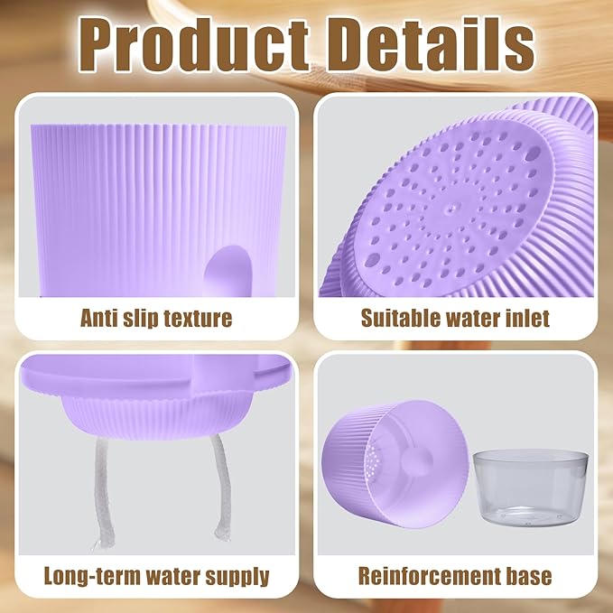 3 Pack - 5.5 Inch Self Watering Planter Pots for Indoor Plants - African Violet Pots with Wick Rope - Purple