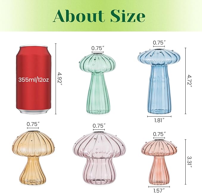 Hewory Glass Mushroom Propagation Stations: Set of 5 Unique Propagation Jars Glass Planter for Indoor Plants Home Decor - Colorful Mushroom Vase Christmas Birthday Gifts for Plant Lovers Women Girls