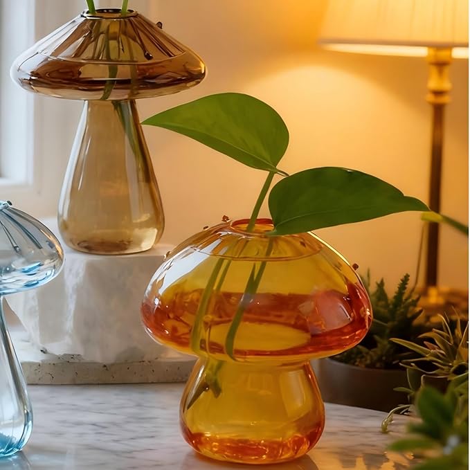6 Pcs Colored Mushroom Glass Propagation Stations for Plant Lovers, Hydroponic Bud Vase Plant Propagation Stations Decor, Glass Terrariums for Indoor Plants, Cute Mushroom Vase Office Decor