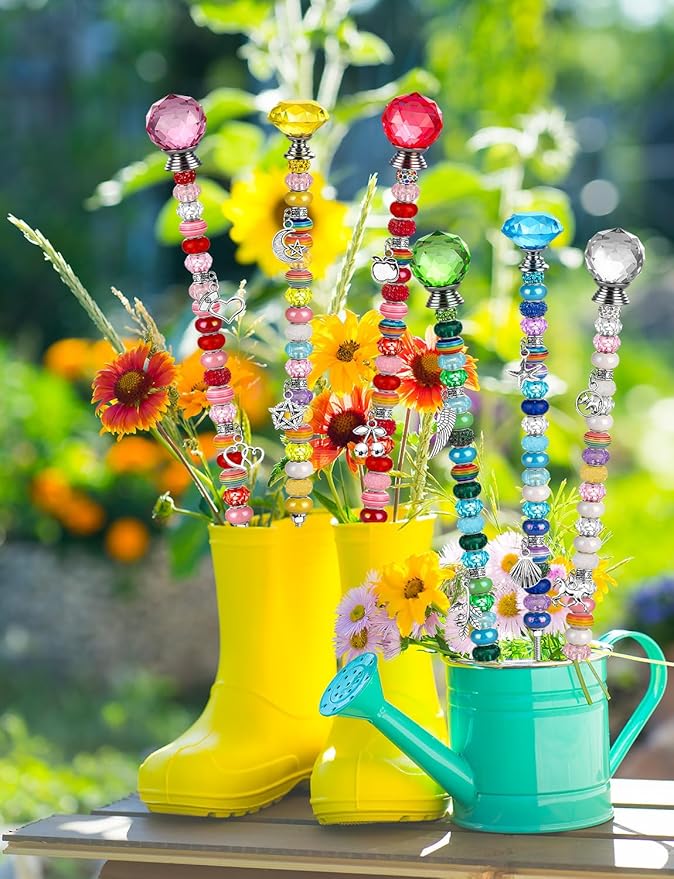 336 Pcs Beaded Garden Stakes, DIY Fairy Wand Garden Stake Beads Kits with 272 Colorful Assortment Round Large Hole Beads with Sparkling Silver Crystal Pendants Stopper Top for Outdoor Beadable Items
