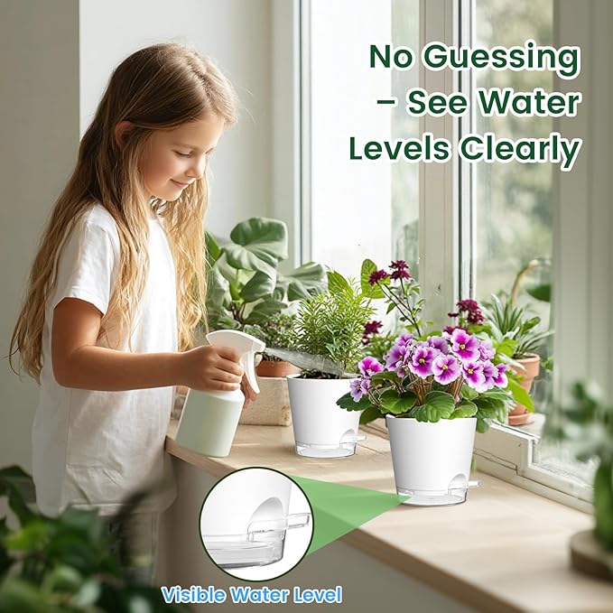 Meowell 7 inch Self Watering Pots for Indoor Plants, 5 Pack Plant Pots with Drainage Holes & Clear Reservoir for Visible Water Level, Plastic Wicking Planter Pots for House Plants and Flower, White