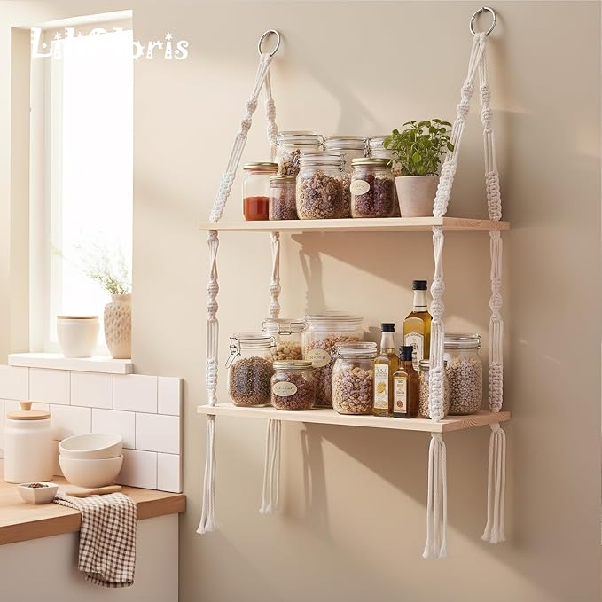 Bohemian Braided Jute Rope Floating Wall Shelf, Rustic Natural Wood with No Drill Adhesive Mount for Plants, Photo Frames, Decorative Display in Bedroom, Living Room, Office, Kitchen