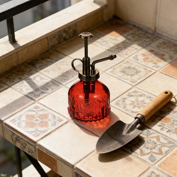 Mikikit Portable Refillable Glass Plant Mister Vintage Embossed Water Spray Bottle for Indoor and Outdoor Gardening Easy to Use for Plant Care and Flower Watering