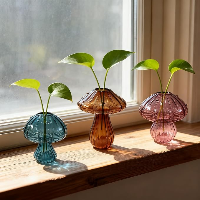 Glass Mushroom Propagation Planter - Set of 3 Cute Plant Propagation Stations for Indoor Plants, Unique Small Hydroponic Vase Jars Mini Terrariums for Window Living Room Bathroom Shelf Decor