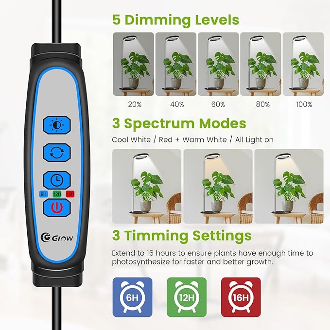 Kullsinss Grow Lights for Indoor Plants, 80 LEDs Full Spectrum Plant Light for Indoor Growing with 2 Mounting Options, 6/12/16H Timer, 3 Spectrum Modes, 37 in Height Adjustable Desk Grow Lamp (Black)