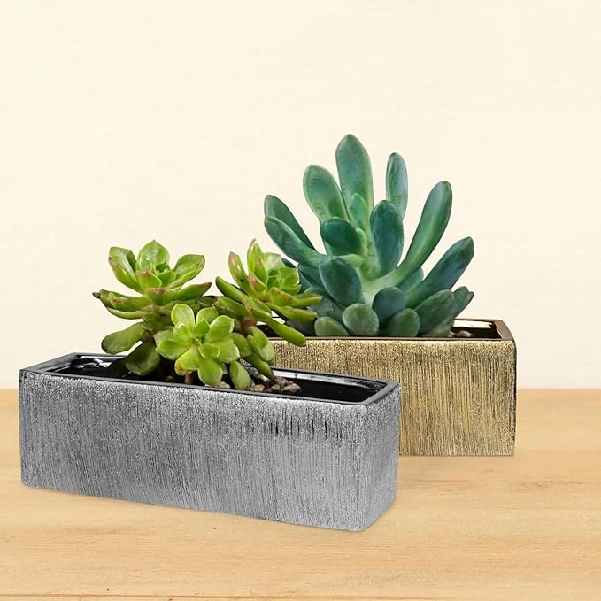WGVI Long Rectangle Ceramic Planter Vase in Silver Etched 12" x 4" x 4"H, Block Rectangular Terrarium Box Pot, Flower Arrangement, Table top Centerpiece, Home Decor Storage Container, 1 Pc.