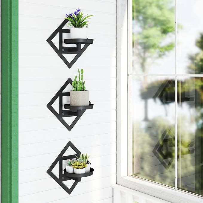 Wall Plant Holder Wall Mounted Indoor, Metal Window Plant Wall Hangers Shelf, 3Pcs Modern Floating Flower Display Hanging Plant Stand for Outdoor Kitchen Bathroom Decor
