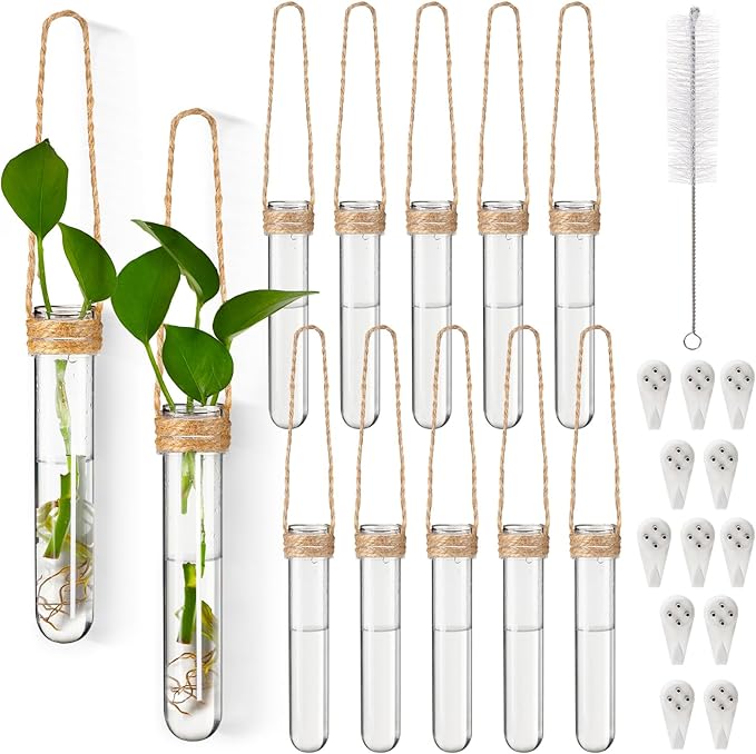 Baderke 12 Pack Plastic Hanging Propagation Tubes Propagation Station Vases Wall Hanging Plant Vase for Planters Hydroponic Office Garden Flowers Decor Lover Gift (Natural Color)