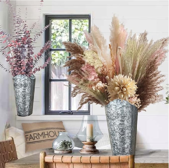 Lily's Home Set of 2 Rustic Farmhouse Galvanized Metal Wall Planters, with Floral Accents for Indoor or Outdoor Artificial Greenery. Rustic Hanging Flower Holders Wall Decor