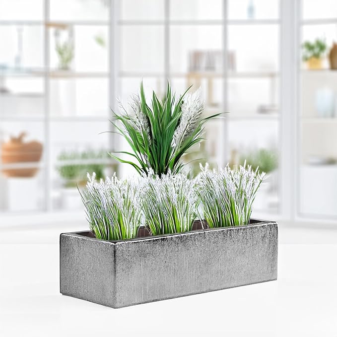 WGVI Long Rectangle Ceramic Planter Vase in Silver Etched 14" x 4" x 4"H, Rectangular Box Block Terrarium Pot, Flower Arrangement, Tabletop Centerpiece, Home Décor, Storage Container, 1 Pc.