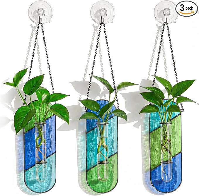 Hushee 3 Pcs Stained Glass Plant Propagation Station Hanging Window Propagation Station Planters with Glass Tubes Hydroponic Planter Terrarium Holder Window Decor for Indoor Home Garden Decor