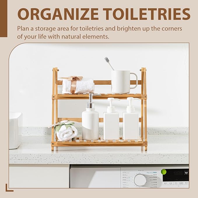 Yalikop Matcha Station Shelf,15.7'' Coffee Station Organizer, 2 Tiers Bamboo Mug Holder Countertop,Desktop Flower Pot Rack for Home Living Room Window Sill Foldable Display Storage Shelf(Wood)