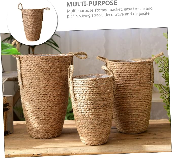 Large Seagrass Woven Basket for Plant Display Tall Pot Handle Multi-Purpose Desktop Planter for Home Decor