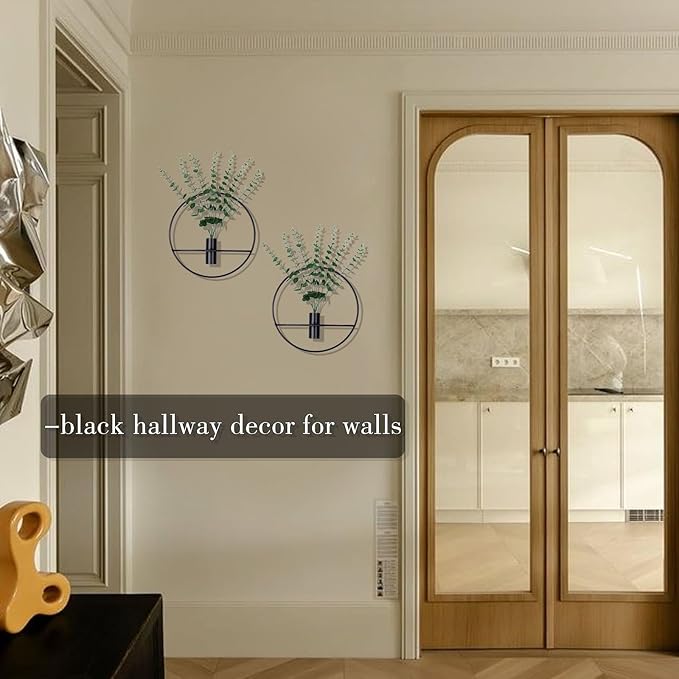 GREENTIME 2 Pack Hanging Plants Faux Eucalyptus with Black Round Metal Hanging Vase for Teacher Appreciation Living Room Bedroom Boho Kitche Wall Shelf Outdoor