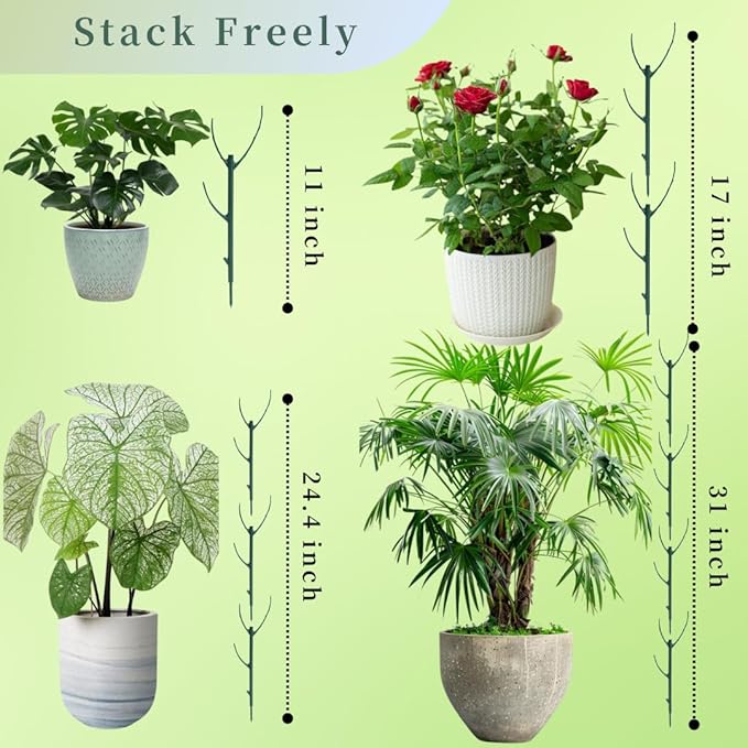 5 Pack Stackable Plant Support Stakes, Moss Pole Alternative for Monstera & Climbing Vines, Gardening Gifts for Women, Garden Essential Trellis Sticks for Indoor Outdoor Plant with 20Pcs Clips & Ties