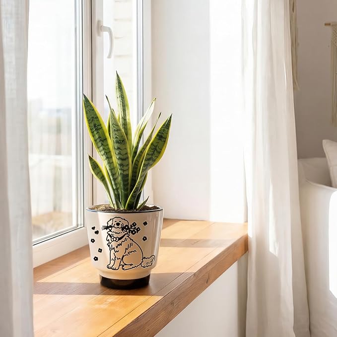 STHIE 5 inch Ceramic Plant Pot, Round Planters for Indoor Plants with Drainage Hole, Ice Crack Decorative Flower Pot, Cute Planters for Snake Plant (Flower Dog)