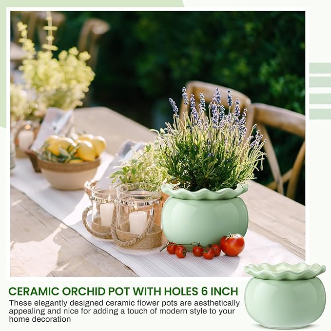 Suclain 2 Pack Ceramic African Violet Pots Self Watering Plant Pot Effortless Self Watering Plant Flower for Busy Lovers, Indoor(Green,6 Inch)