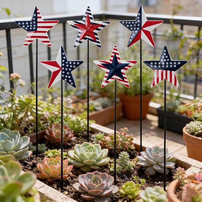 hogardeck 4th of July Decorations Outdoor, 6 PCS Metal Patriot Star Decorative Garden Stakes for Fourth of July Decorations, Patriotic Yard Signs for Garden Memorial Day Decorations