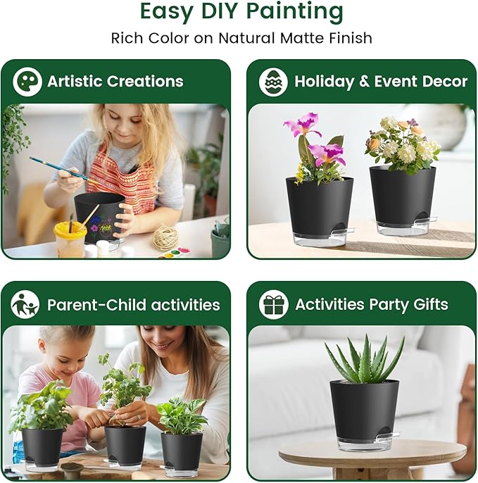 Meowell 6 inch Self Watering Pots for Indoor Outdoor Plants, 3 Pack Flower Plant Pots with Drainage Holes and Clear Reservoirs, Visible Water Level, Plastic Planters with Wicking Rope, Black
