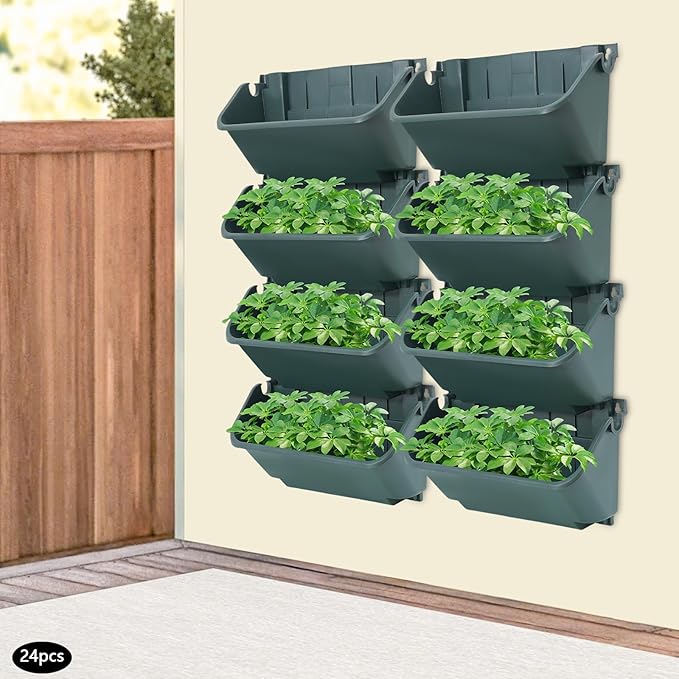 Bacocoo Vertical Garden Planter - 24 Pack, 13 inch Wall Mounted Planter for Patio Outdoor Decor, Home Green Plastic Pot Balcony Plant Vegetable Fruit Herb Hanging Pocket Holder Flowerpot. (Army Green)