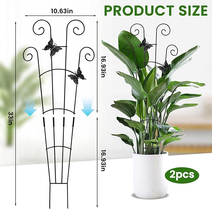 30 Inch 2Pack Garden Trellis for Climbing Plants, Rustproof Sturdy Metal Plant Trellis, Decorative Trellis for Potted Plants, Climbing Vines, Flowers, Vegetables, Indoor Outdoor Plant Support, Black