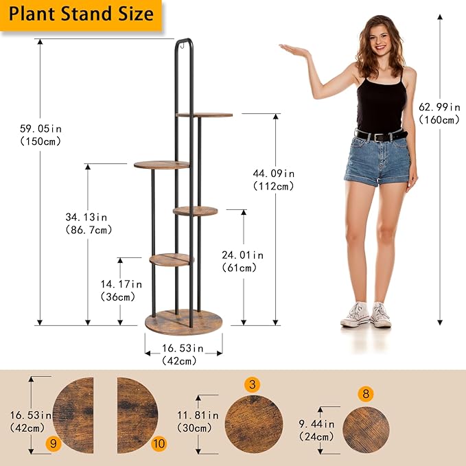 REFGY Tall Plant Stand Indoor - 5 Tier 6 Potted Vertical Plant Shelves with Hanging Hook - Multi-Tiered Wood Textured Plant Tower for Corner Space - Metal Plant Table for Home Office Decor, Rustic Brown