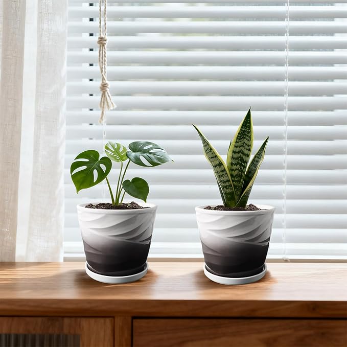 Ceramic Plant Pots,6 Inch,Set of 2,Planters with Drainage Hole and Saucer,Flower pots for Indoor Plants,Modern Design(6.7 in Diameter)