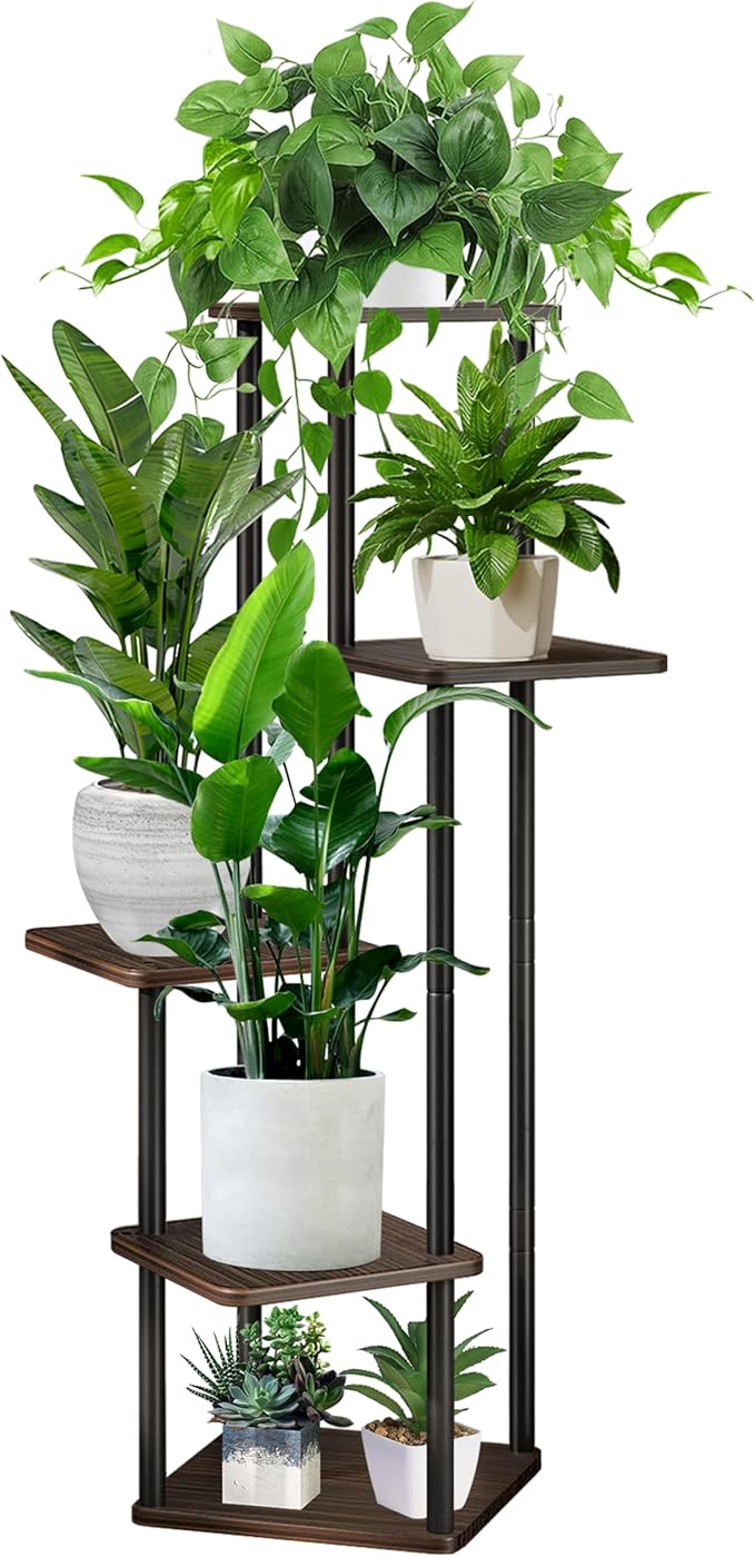 5 Tier Plant Stand Indoor, Thickened Metal Wood Corner Plant Shelf Stands for Multiple Plants, Indoor Tall Plants Stand Tiered Flower Holder for Living Room Patio Garden Balcony(Black+Oak)