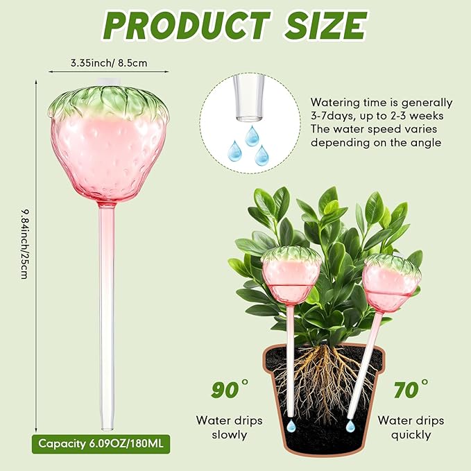 Vesici 4 Pcs Strawberry Watering Globes for Plant Self Top-Fill Watering Planter Insert Large Glass Bulb Waterer for Travel Vacation Indoor Outdoor Plants