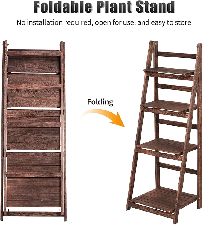 Funkeen 4 Tier Wooden Ladder Shelf, Decorative Freestanding Leaning Display Bookshelf, Folding Indoor & Outdoor Plant Stand Rustic Storage Rack Shelves for Living Room, Bathroom, Balcony, Kitchen