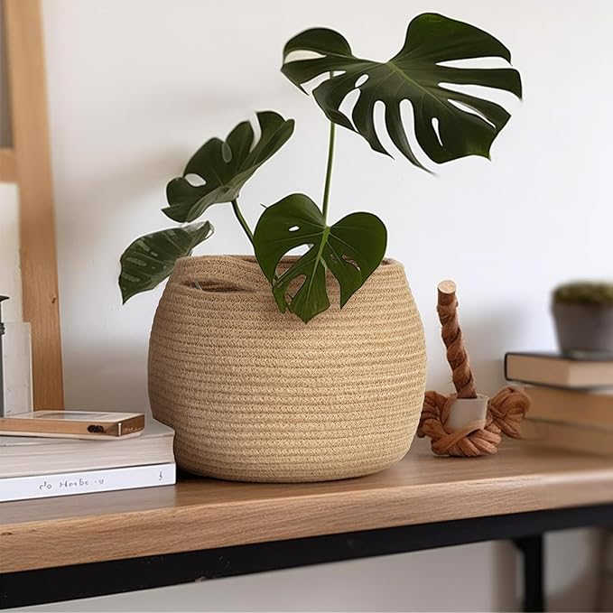MEGASKET Decorative Wicker Storage Basket, 11" x 9" Indoor Plant Basket for Home Decor, Round Woven Dog Cat Toy Bin with Handle, Bathroom Towel Storage, Jute Planter Holder, Shelf Closet Organizer