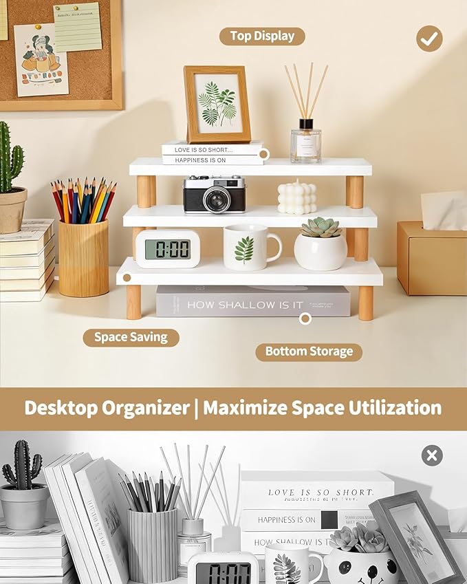 3 Tiered White Small Plant Stand Indoor, Window Sill Plant Shlef for Kitchen,Countertop,Office Desk,Table Top Succulent Stand , 15mm Thick Wooden, Ladder Shelf,Modern,(14.2")