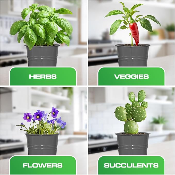 Plexon Herb Planter Indoor Garden Set of 3 with Tray, Metal Herb Pots for Indoor Plants, Round Kitchen Garden Kit Ideal for Windowsill Planter or Countertop, Gray Powder Coated