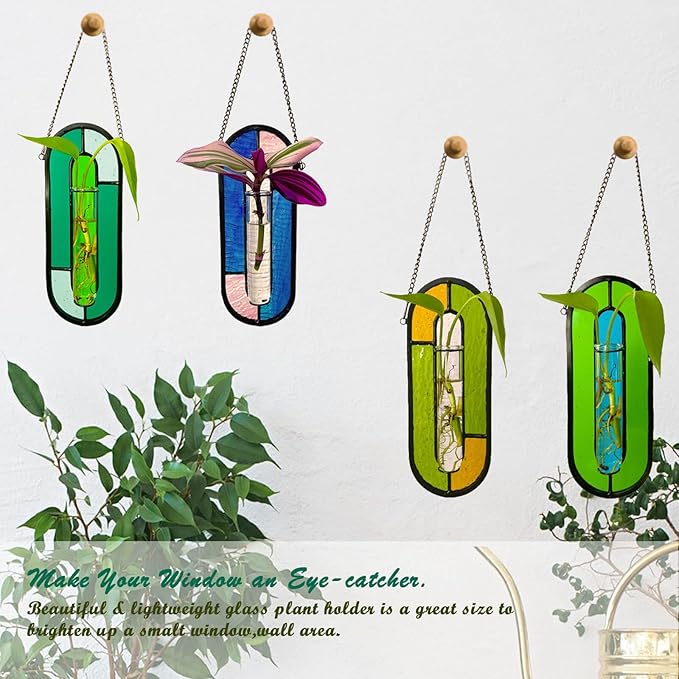 LITMIND Stained Glass Hydroponic Plants Propagation Station, Hanging Planter Terrarium - Perfect for Home & Garden Decor, Includes 2 Glass Propagation Tube