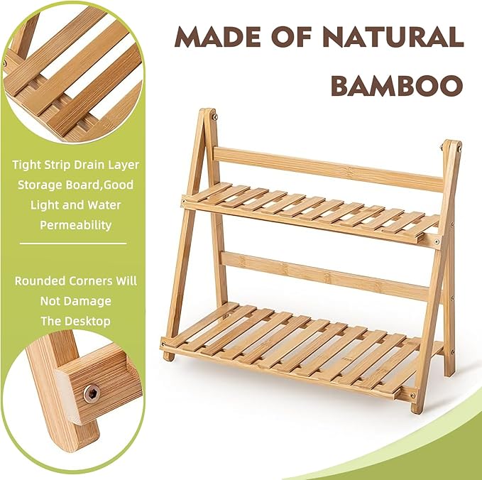 Bamboo Mug Shelf, 2-Tier Matcha Station & Coffee Bar Organizer - 15.7 Inch Foldable Countertop Display Rack for Mugs, Cups, Spices, Flower Pots - Kitchen, Window Sill, Living Room Storage Shelf