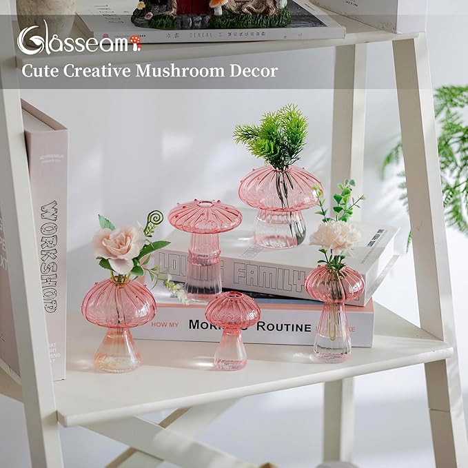 Glasseam Pink Glass Mushroom Vase: Cute Small Flower Vase Set of 5 Unique Mini Bud Vases for Centerpieces Decorative Vases for Flowers Funky Plant Vase Decor