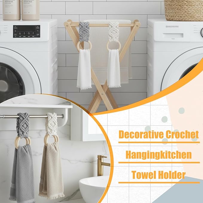 2 Pcs Kitchen Towel Holder, Dish c Hanger with Beech Wood Ring for Hanging Kitchen Towels, Cotton Crochet Dish Towel Holder for Kitchens, Over Cabinet Towels Holders (Grey and Beige)