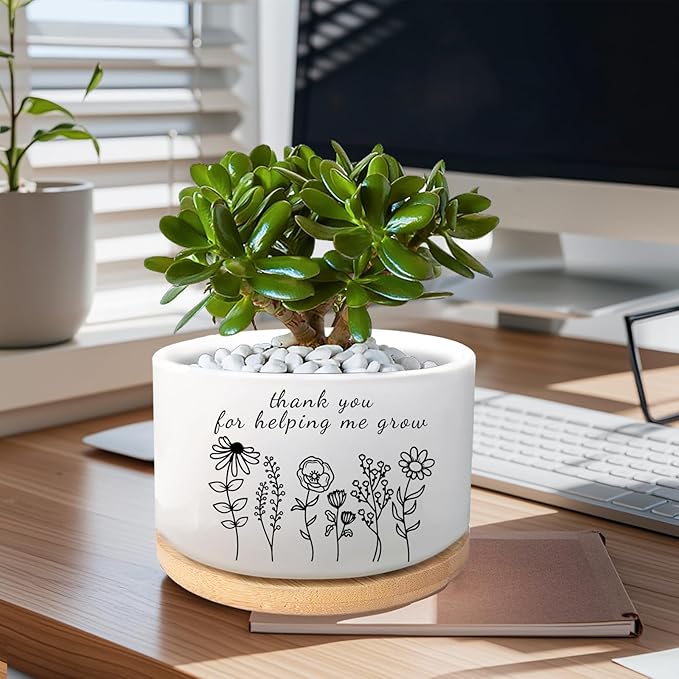 Thank You Gifts for Teacher from Students, Ceramic Plant Pot for Succulent, Flower Planter, Teacher Appreciation Gifts for Teachers Day, Thank You for Helping Me Grow (Plants Not Included)