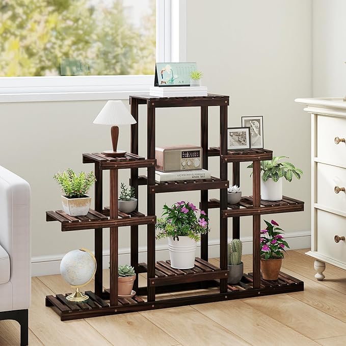 COSTWAY Wood Plant Stand, 6-Tier Shelf Holder for Multiple Plants, Freestanding Plant Rack for Garden, Patio, Balcony