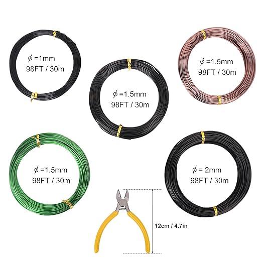 5 Roll 98 Feet Color Aluminum Bonsai Training Wire, Anodized Bonsai Training Wires with Cutter, 1.0mm, 1.5mm, 2.0mm Bonsai Wire for Tree Shaping & Plant Training(490 Feet Total)